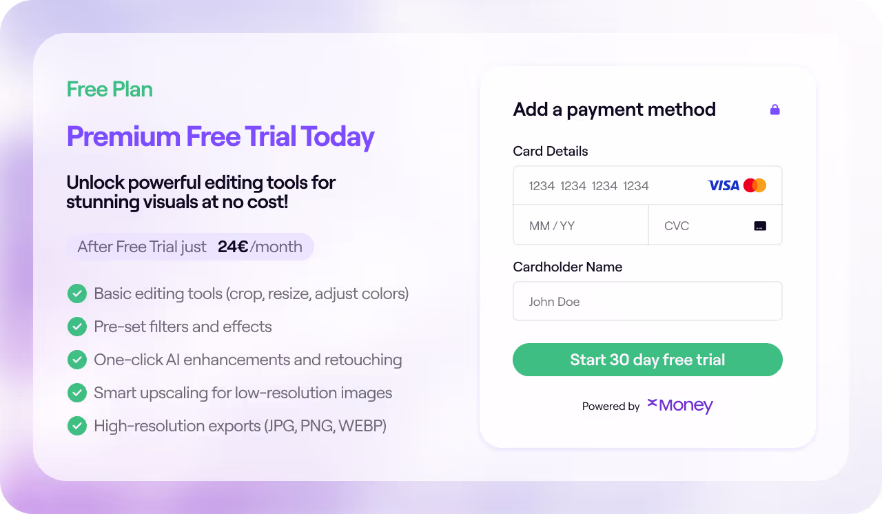 Promotional interface for a "Premium Free Trial" subscription plan, priced at 24€/month after the trial. The left side lists features like editing tools and AI enhancements, while the right side includes a credit card payment form with a green button labeled “Start 30 day free trial,” powered by P2P Expert.